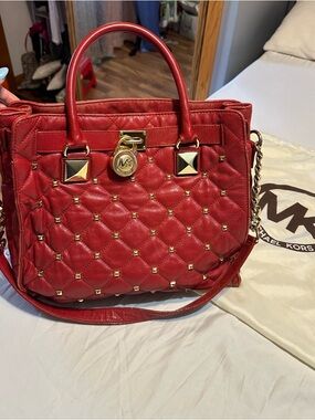 Michael Kors Red Quilted Studded Satchel with Gold Hardware